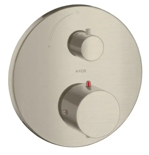 Thermostat Steuerung in gebürstetem Nickel von AXOR mit zwei drehbaren Reglern und einem roten Absperrventil auf einer runden Platte.
